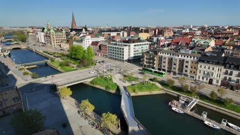 Luftaufnahme-Der-Wunderschönen-Innenstadt-Von-Malmö-Mit-Kanälen-Im-Sommer-In-Schweden