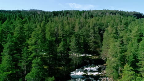 Luftaufnahme-Von-Flusskaskaden-Inmitten-Immergrüner-Wälder-In-Der-Norwegischen-Landschaft-An-Einem-Sonnigen-Tag,-Drohnenaufnahme