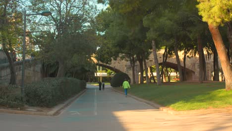 Vista-De-Perfil-Del-Carril-Deportivo-De-Los-Jardines-Del-Turia-En-Valencia,-España,-Durante-La-Mañana-De-Verano.