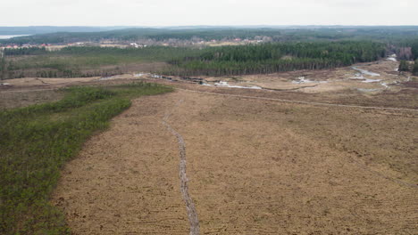 Vast-Marshland-Area-and-Forest,-Rising-Aerial-View-Over