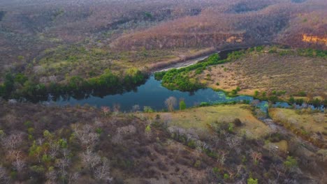 Aerial-drone-shot-of-parwati-river-covered-with-dense-semi-arid-forest-and-hills-around-it-in-shivpuri-area-of-Madhya-Pradesh-India