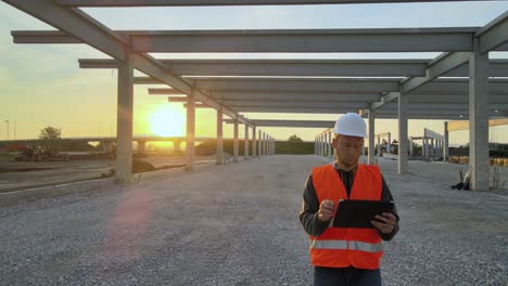Professioneller-Ingenieur-Mit-Schutzhelm-Arbeitet-Bei-Sonnenuntergang-Mit-Digitalem-Tablet-Auf-Der-Baustelle