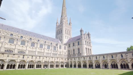 Medieval-Norwich-Cathedral,-spire-and-cloisters