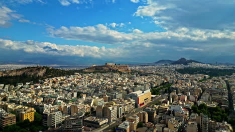 Panoramic-view-of-Acropolis-of-Athens,-Greece,-with-the-Parthenon-Temple-on-top-of-the-hill