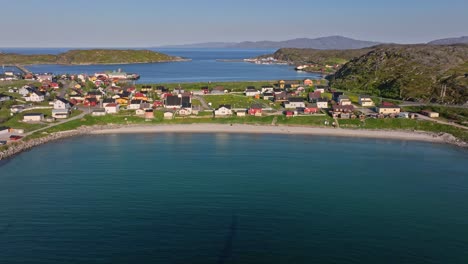 Aerial-view-away-from-the-Vestersanden-beach,-summer-evening-in-Pykeija,-Norway