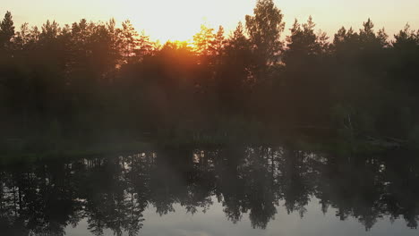 Low-flight-through-fog-toward-golden-sunrise-beams-on-forest-lakeshore