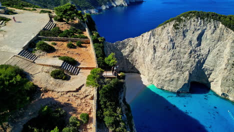 Navagio-beach-with-the-famous-wrecked-ship-in-Zante,-Greece-in-aerial-view