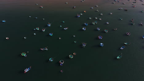 Colorful,-Round,-Basket-Boats-Spread-Out-Over-The-Calm-Sea