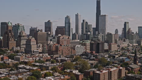 NYC-New-York-Aerial-v214-flyover-Brooklyn-Cobble-Hill-capturing-leafy-historic-residential-neighborhood-against-the-backdrop-of-modern-downtown-cityscape---Shot-with-Inspire-3-8k---September-2023