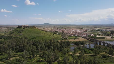 Aerial-overview-of-Medellin-town,-Badajoz-Spain