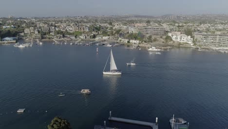 Aerial-wrap-around-shot-of-a-white-sailboat-heading-into-the-Newport-Bay-revealing-Newport-Beach,-California