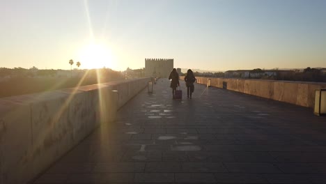 Beautiful-morning-sunrise-over-ancient-Roman-ridge-in-Cordoba,-Andalucia,-Spain