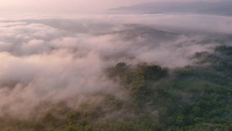 Luftbild-Hyperlapse-Des-Nebligen-Regenwalds-Am-Morgen