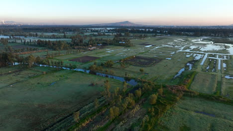 Aerial-view-backwards-over-marshlands-of-Xochimilco,-misty-morning-in-Mexico