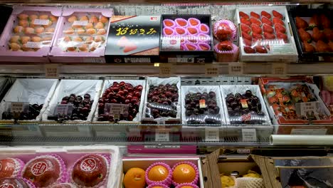 Prosperous-city,-Japanese-style-fruit-box-as-new-year-gift,-sell-on-the-freezer-in-Hong-Kong,-2-Feb-2019