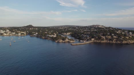 Aerial-Drone-View-of-Mallorca-Coastline-at-Sunsest-in-Spain