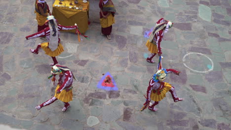 Chham-dance-performed-by-masked-monks-at-Hemis-monastery-on-Hemis-festival,-shot-from-above