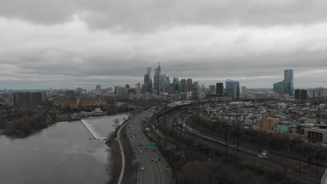 Aerial-view-of-Philadelphia-highway-suburbs,-USA