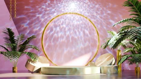 Produktanzeige-Für-E-Commerce-Verkauf,-Rabatt,-Hautpflege-Beauty-Spa-Resort-Konzept-Und-Schmuck,-Gold-Und-Silber,-3D-Rendering-Animation-Für-Online-Einkaufswagen-Mit-Pflanzenbaumpalme