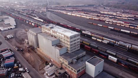 Aerial-drone-shot-of-the-CPKC-Rail-hub-in-Calgary,-Alberta