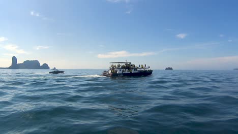 Ferry-Boat-with-Passengers-Float-on-Sea,-Sunny-Day