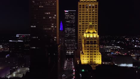 Aerial-drone-footage-of-downtown-Tulsa-at-night