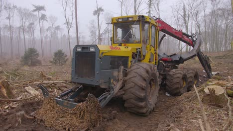 Una-Toma-Panorámica-De-Una-Excavadora-De-árboles-En-Medio-De-Un-Bosque-Destruido