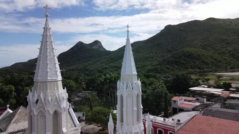 Aerial-rising-shot-of-people-in-front-of-famous-e-minor-Basilica-of-Our-Lady-of-the-Valley-in-Venezuela