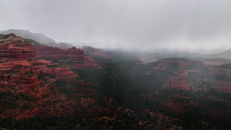Overcast-Sky-Over-Red-Rocks-In-Sedona,-Arizona,-USA---Drone-Shot