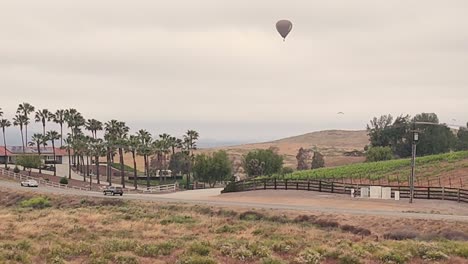 Temecula-Ballon--Und-Weinfest,-Drohnenansicht-Des-Pala-Ballons-über-Der-Straße-Mit-Zwei-Vorbeifahrenden-Autos-Und-Palmen