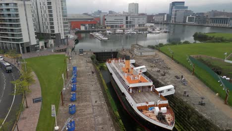 Aerial-shot-of-the-SS-Nomadic-in-Belfast,-Northern-Ireland