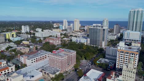 4K-Aerial-Video-of-Snell-Arcade,-Princess-Martha-Hotel,-Kress-Drug-Store-and-BB-T-Bank-Building-on-Central-Avenue-in-St-Petersburg,-FL