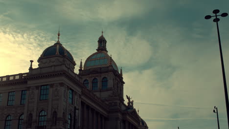 Time-lapse-Lower-view-of-Prague-National-Museum-under-bright-sunny-sky