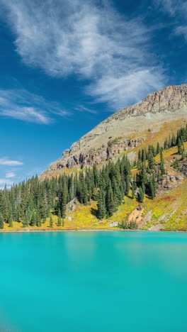 Vertical-4k-Timelapse,-Blue-Lakes-and-Hills-of-San-Juan-Mountains,-Colorado-USA,-Stunning-Landscape-on-Sunny-Day