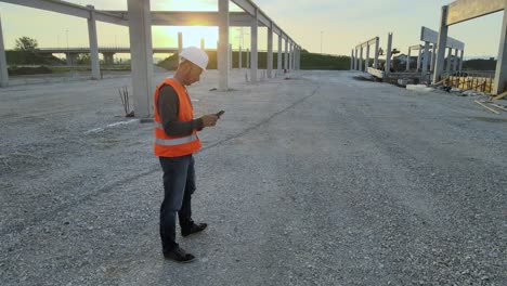 Kaukasischer-Bauingenieur-In-Orangefarbener-Sicherheitsjacke-Und-Helm-überprüft-Bei-Sonnenuntergang-Das-Baustellengebäude-Mithilfe-Eines-Tablets,-Um-Die-Teamarbeit-Zu-Organisieren