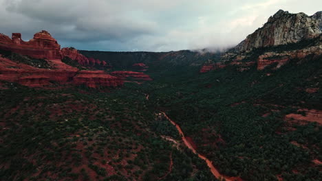 Scenic-Red-Rocks-And-Vegetation-In-Sedona,-Arizona-At-Sunset---Drone-Shot