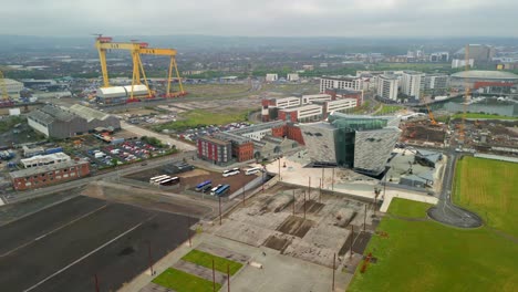 Aerial-of-Titanic-Belfast,-Northern-Ireland-on-a-moody-day