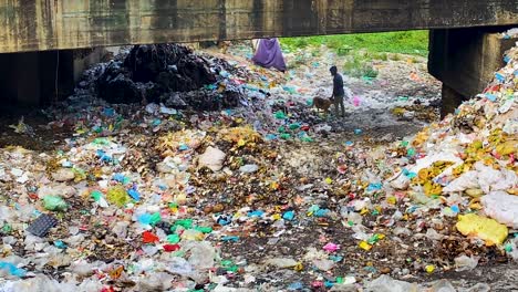 Man-With-A-Stray-Dog-Under-The-Bridge-With-Garbage-Dumpsite