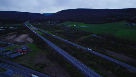 Evening-view-of-Interstate-in-Pennsylvania,-catering-to-semi-truck-logistics