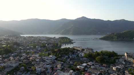 High-above-drone-flight-over-Lake-Kawaguchiko-and-city