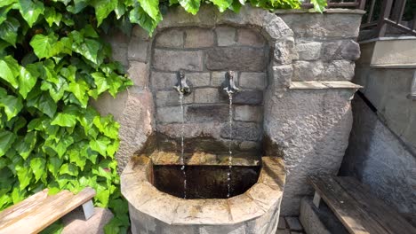 Una-Hermosa-Fuente-De-Agua-En-La-Pared-De-Piedra-Cubierta-De-Hiedra