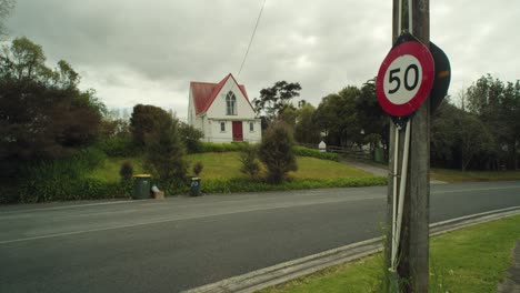 Presbyterian-St-Cuthberts-Church-in-Kaukapakapa,-New-Zealand-on-cloudy-day