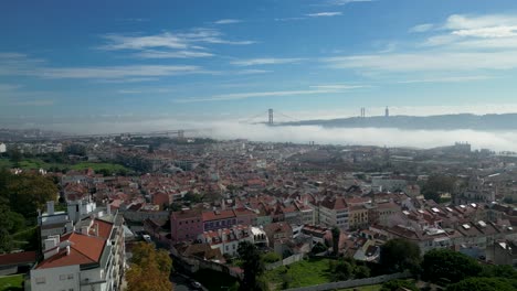 Aerial-panoramic-view-of-city-buildings-clouds-blue-sky-25-de-Abril-Bridge,-Cascais-Portugal