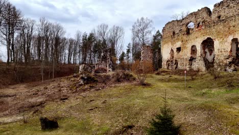 Rural-panoramic,-Latvian-countryside-Ruana-ruins-in-autumnal-dry-trees-landscape