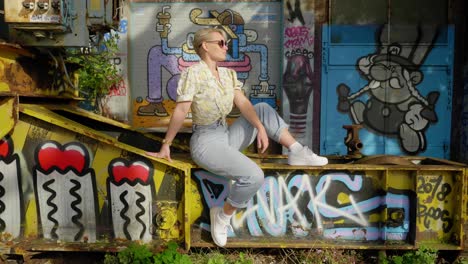 Young-trendy-woman-poses-in-front-of-an-urban-industrial-background,-covered-in-graffiti