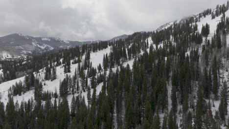 Panorámica-Aérea-De-Montañas-Nevadas-Y-Bosques-Cerca-Del-Complejo-Solitude-En-El-Gran-Cañón-De-Cottonwood,-Utah-A-Finales-De-La-Primavera.