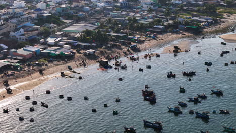 Aerial-4K:-People-Buying,-Selling,-Hauling,-And-Transporting-Fresh-Seafood-In-Vietnam,-Southeast-Asia