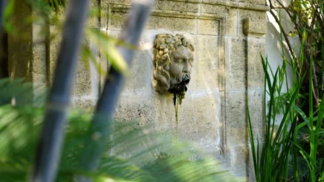 Toma-Lenta-Y-Reveladora-De-Una-Cabeza-Mítica-Griega-Con-Una-Fuente-De-Agua-Fluyendo.