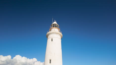 A-close-up-of-a-white-lighthouse-in-Cyprus-against-a-deep-blue-sky