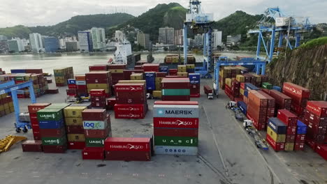 Drone-aerial-view-of-cargo-containers-in-a-port-shot-with-a-drone